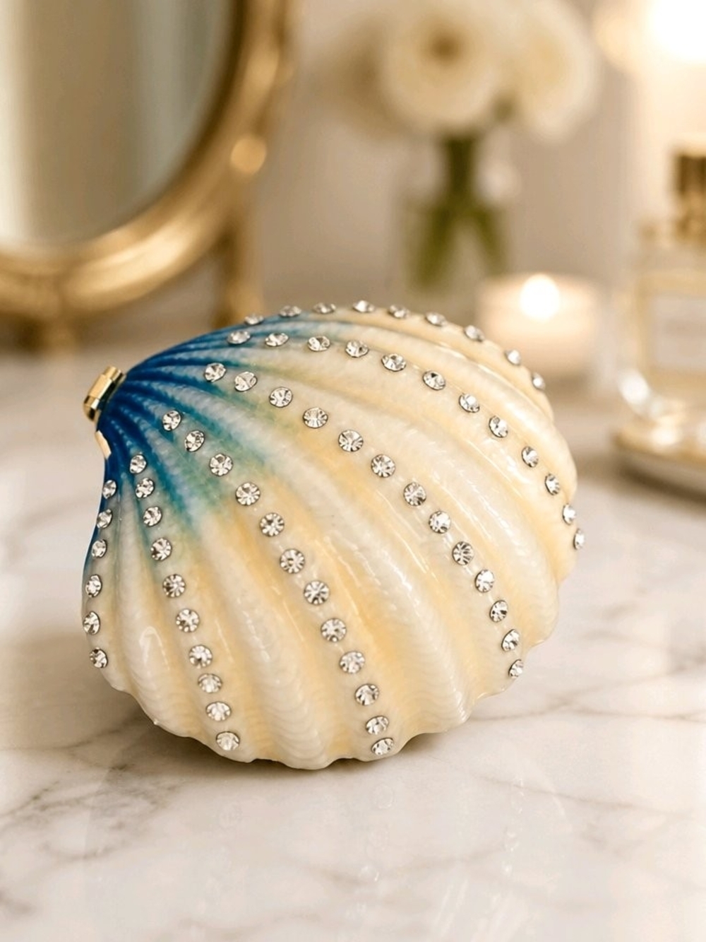 Seashell Crystal Trinket Box Handpainted Enamel Waltz&F